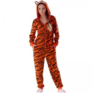 Vrouwen microfiber fleece tijger onesie pyjamapak met capuchon