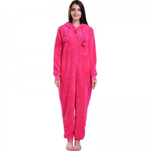 Damesroze onesie pyjama met capuchon met dierenoren