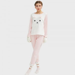 Dames Flanel Fleece Animal Embroidery Cat pyjama Set