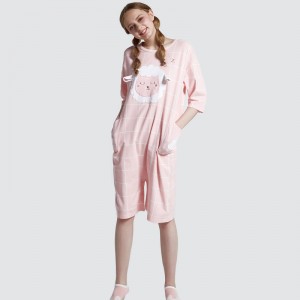 Dames onesie roze bedrukte katoenen jersey borduurwerk pyjama set